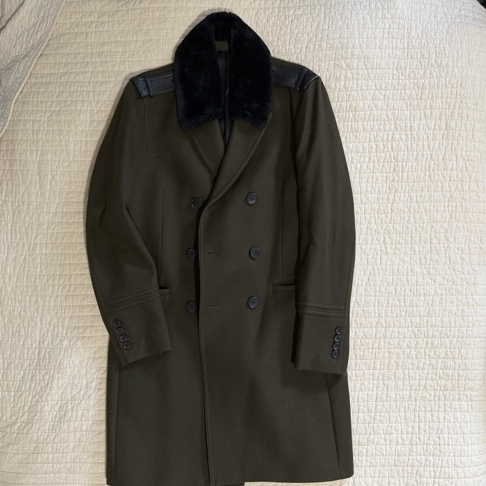 The Kooples Olive Double-Breasted Pea Coat with Black Details